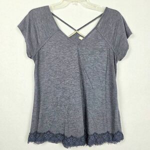 Maurices Gray Crisscross Lace Hem Tee Top Size M